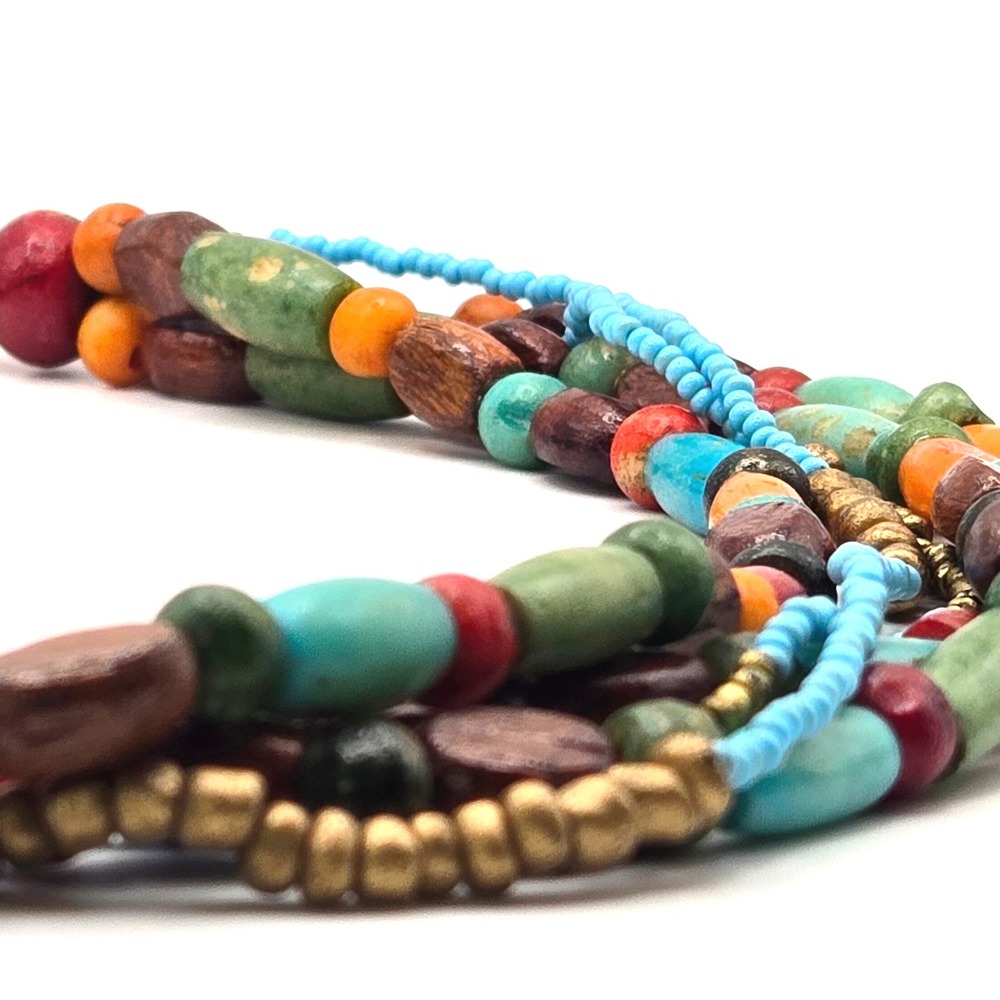Multi-strand Handmade Wood and Recycled Glass Bead Necklace Seed Beads Boho - Picture 6 of 8